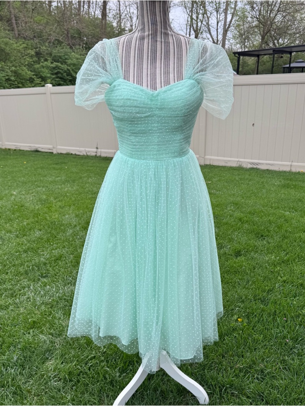 Vintage Retro Prom Dress Mint Green Tulle Polka Dot Puff Sleeves Sz Small